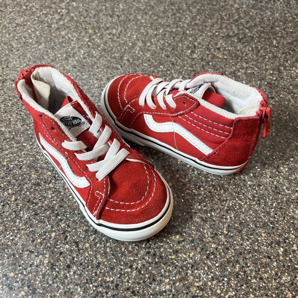 Vans Sk8 Hi Little Kids Toddler Sz 6.5 Red Suede Canvas Classic Shoe Sneaker Zip